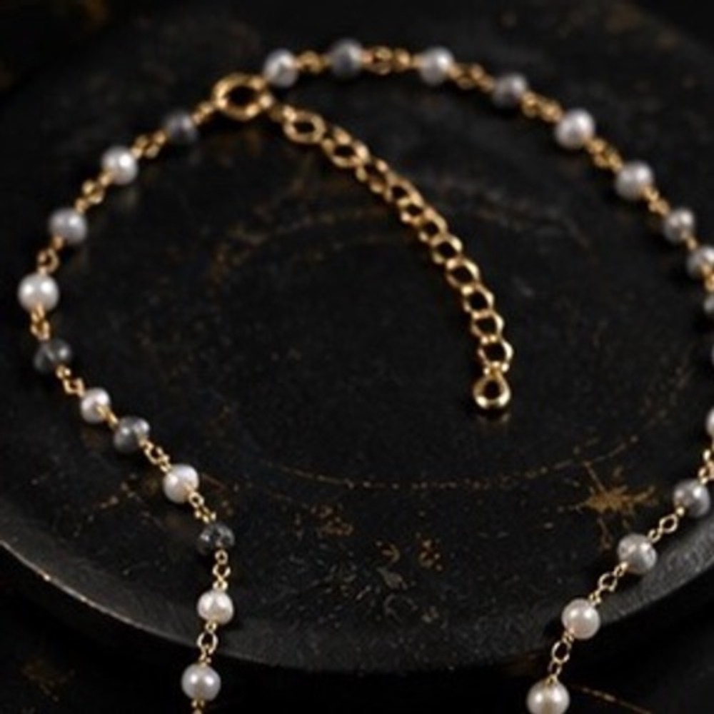 Crescent Moon Horn Necklace Pearl Dalmatian Jasper Gold Tone Celestial Boho - Picture 8 of 8
